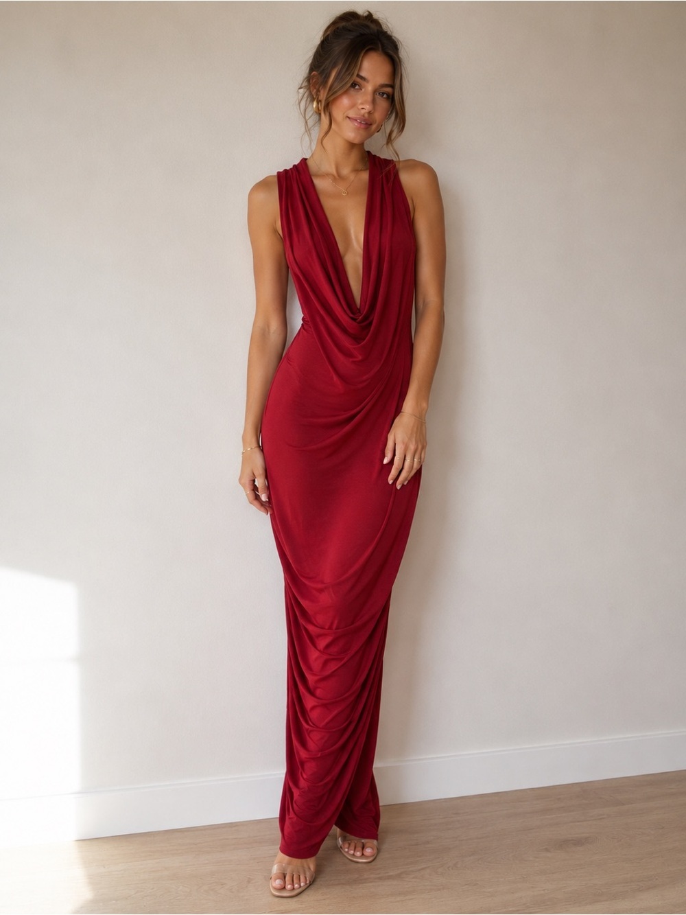 MICHAEL Michael Kors Red Draped Cowl Neck Ruched Dress - Size 2
